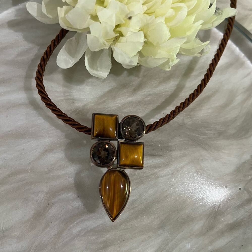 NEW Palm Beach Jewelry Tiger Eye Smoky Topaz Sterling Geometric Pendant Necklace